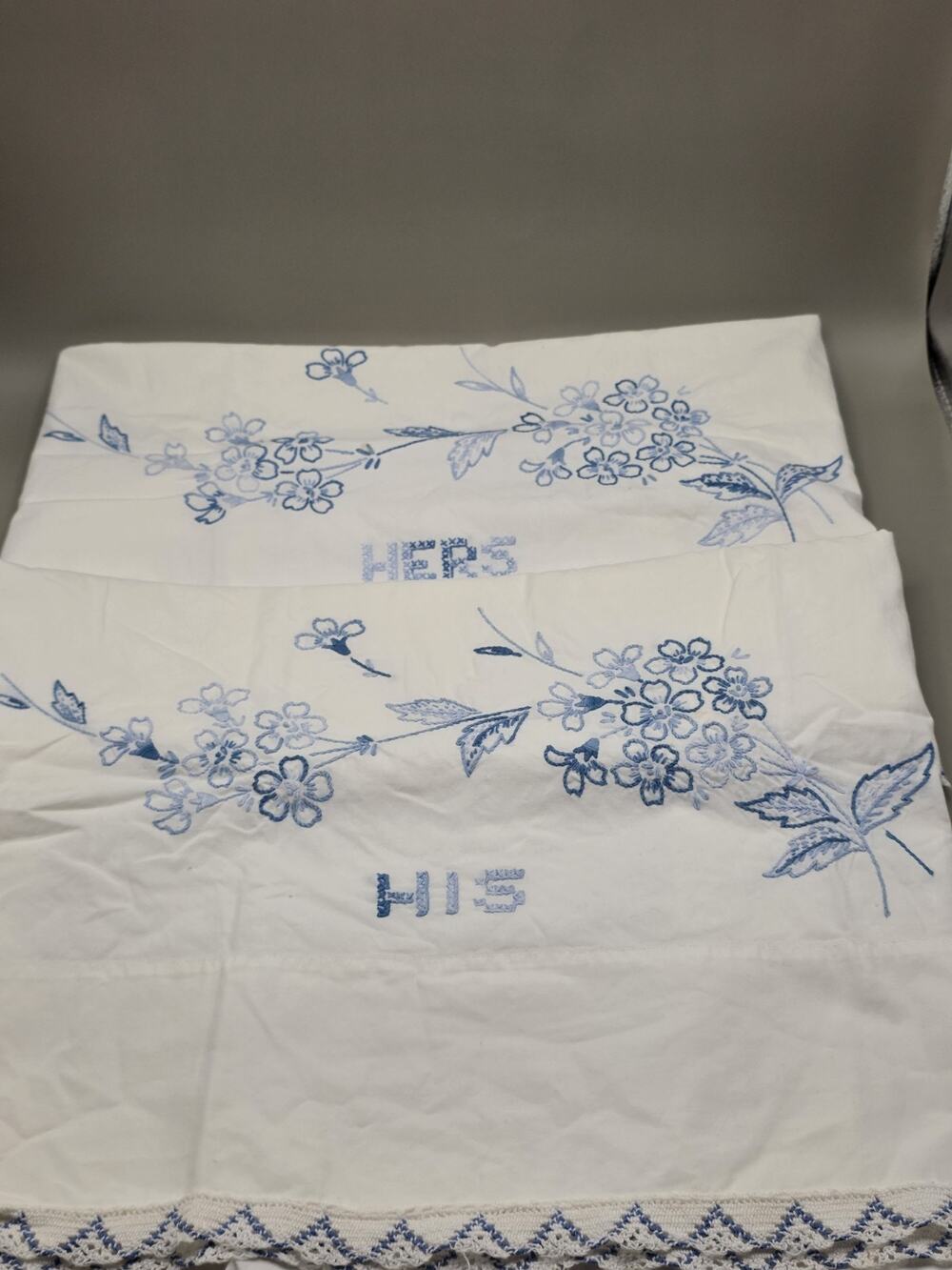 Vintage Embroidered His and Hers Pillowcases Blue Floral Crochet Trim Pair Set
